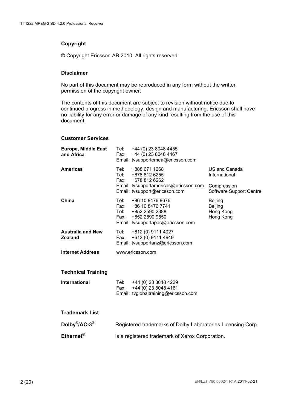Ericsson TT1222 User Manual | Page 2 / 20