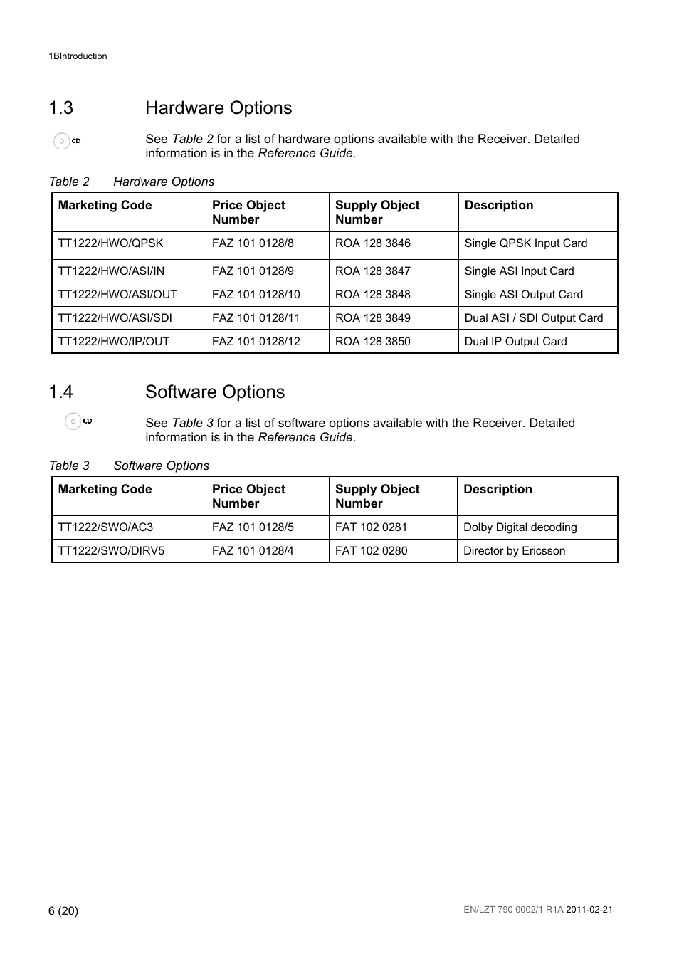 3 hardware options, 4 software options, Hardware options | Software options, Table 2, Table 3 | Ericsson TT1222 User Manual | Page 6 / 20