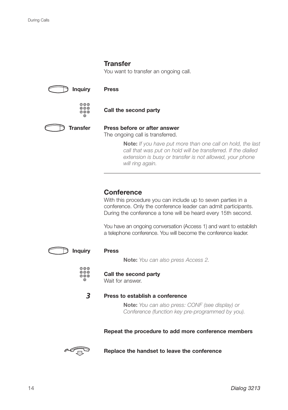 Transfer, Conference | Ericsson Dialog 3213 User Manual | Page 14 / 92