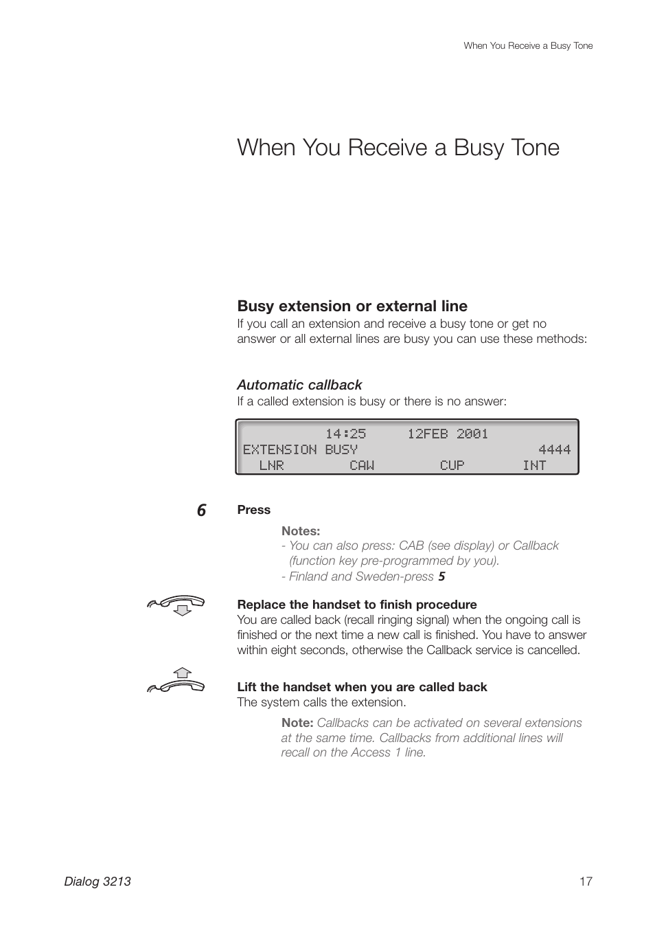 When you receive a busy tone | Ericsson Dialog 3213 User Manual | Page 17 / 92