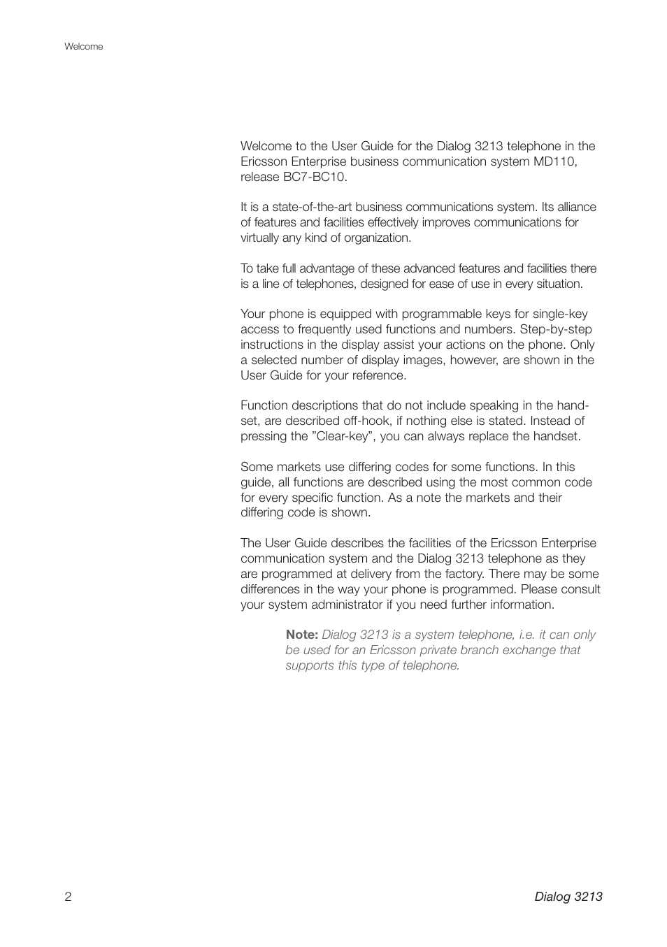 Welcome | Ericsson Dialog 3213 User Manual | Page 2 / 92