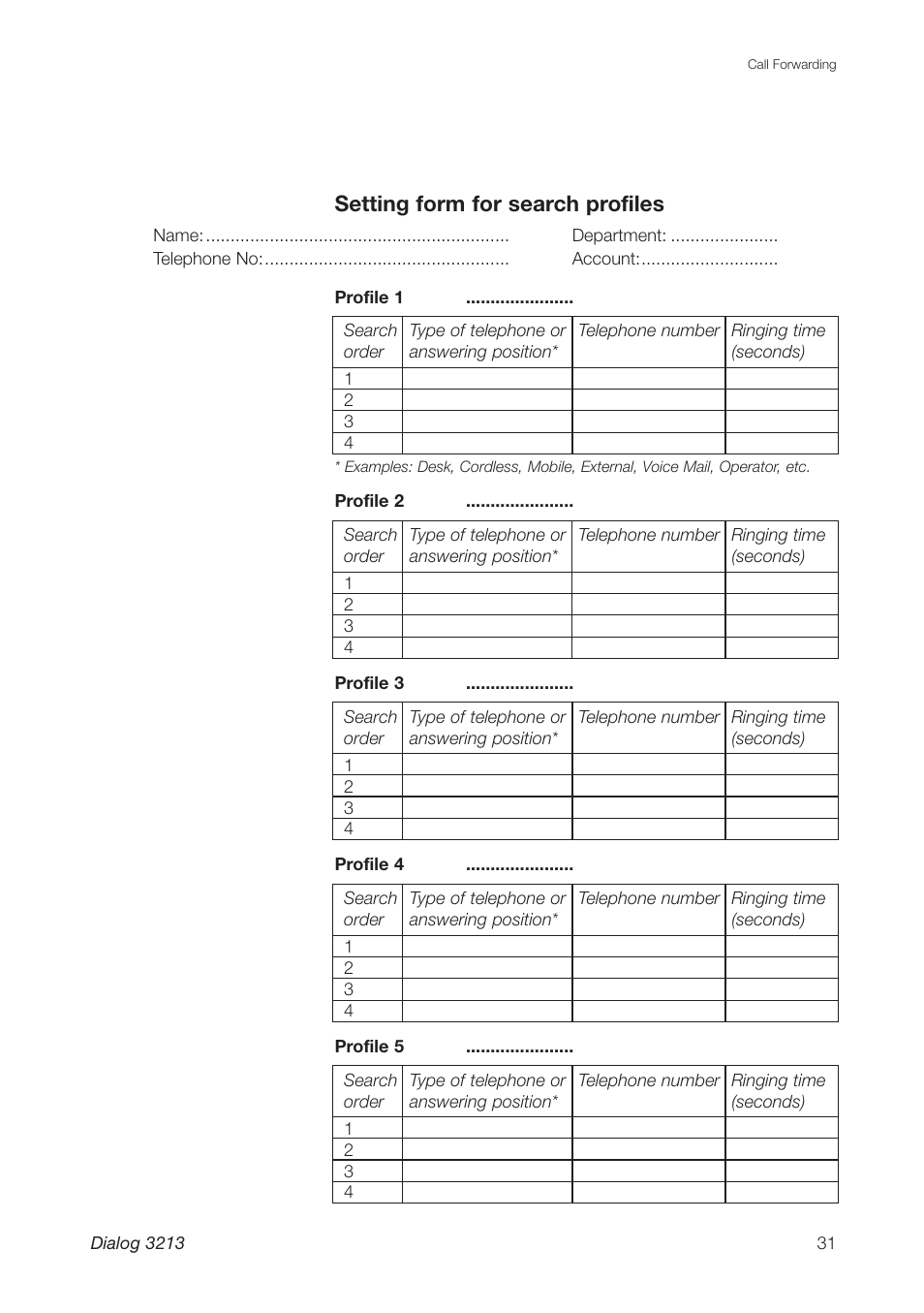 Setting form for search profiles | Ericsson Dialog 3213 User Manual | Page 31 / 92