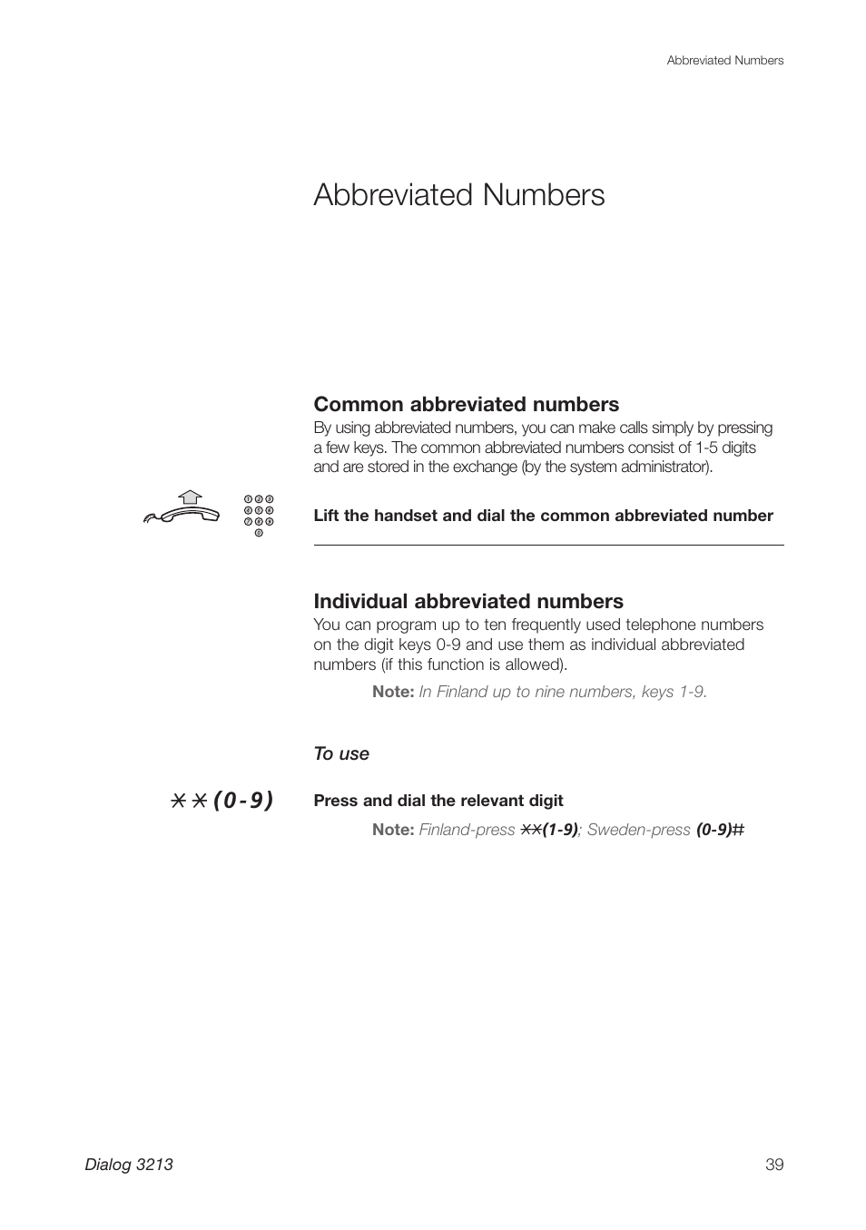 Abbreviated numbers | Ericsson Dialog 3213 User Manual | Page 39 / 92