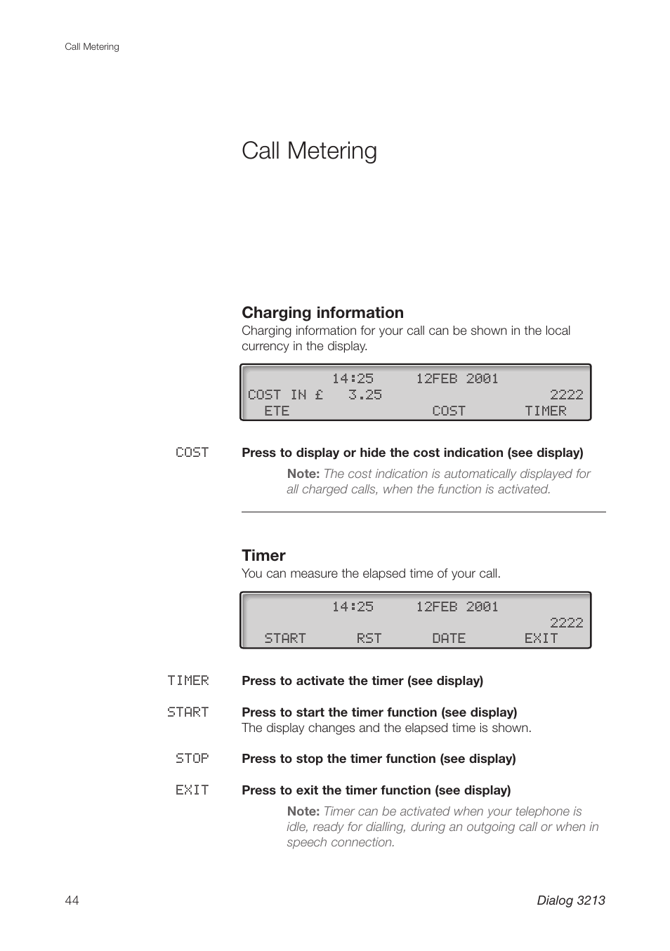 Call metering, Charging information, Timer | Ericsson Dialog 3213 User Manual | Page 44 / 92
