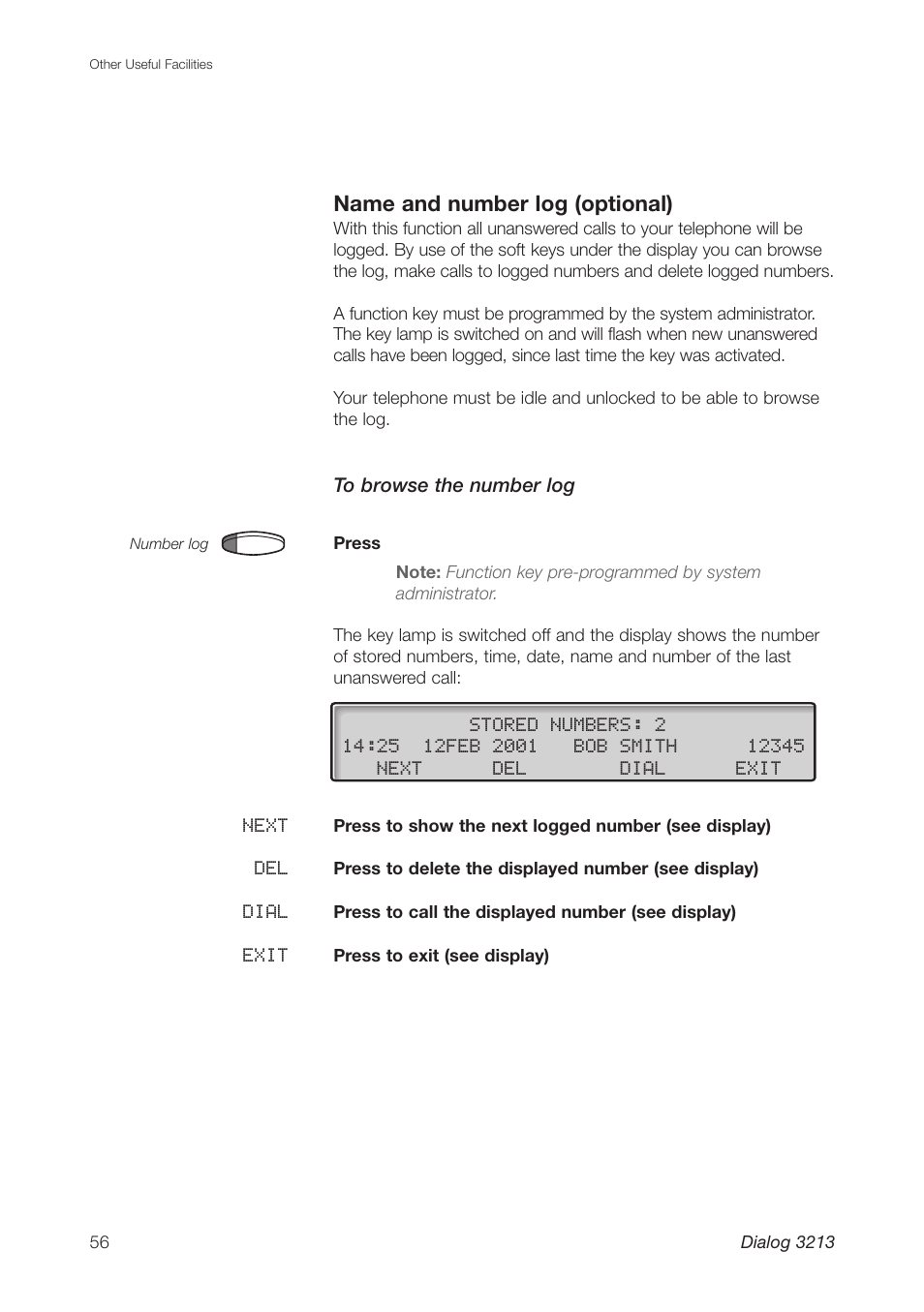 Name and number log (optional) | Ericsson Dialog 3213 User Manual | Page 56 / 92