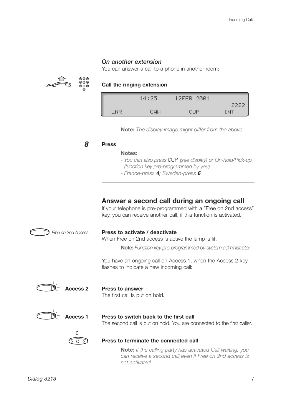 Answer a second call during an ongoing call | Ericsson Dialog 3213 User Manual | Page 7 / 92
