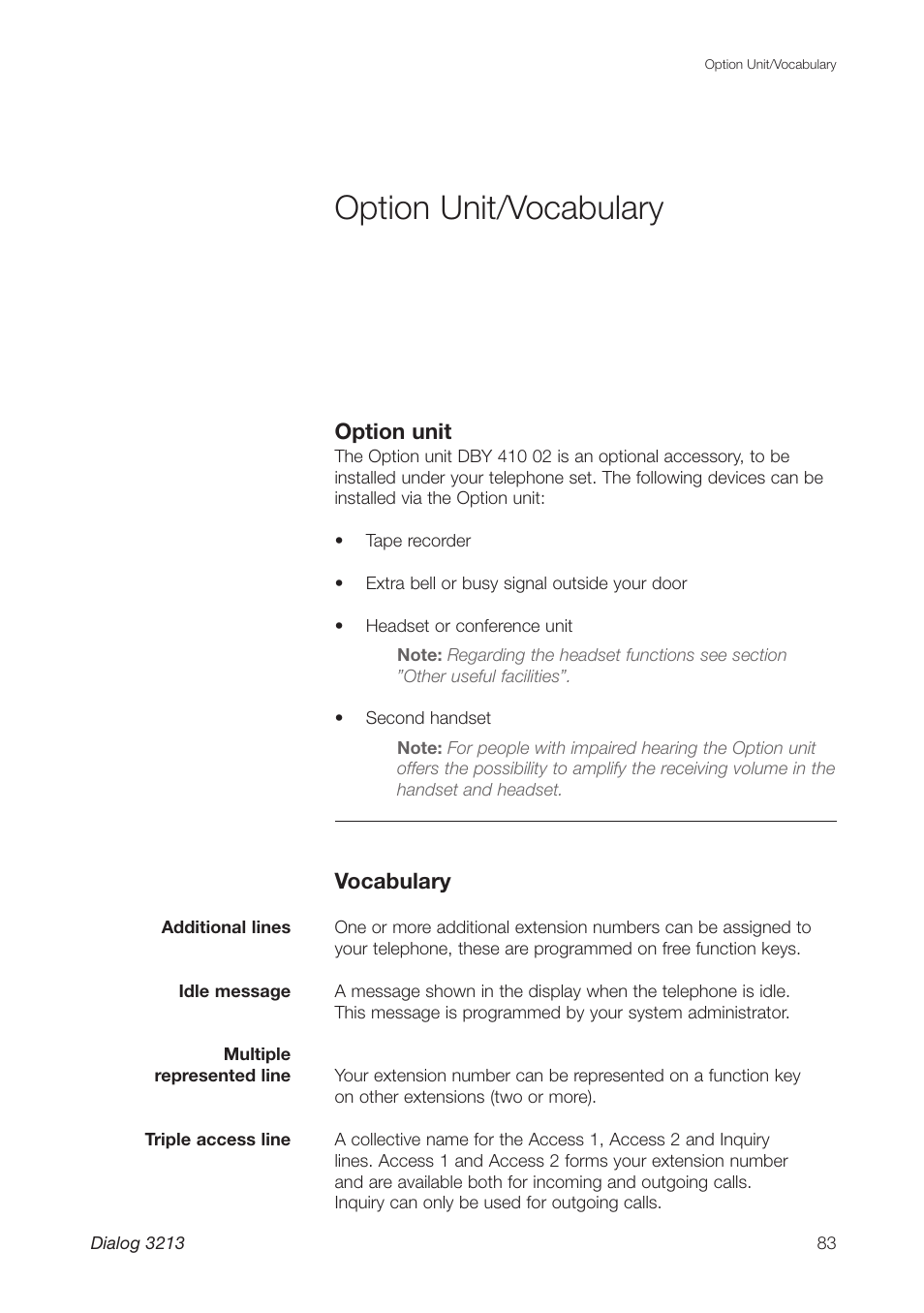 Option unit/vocabulary | Ericsson Dialog 3213 User Manual | Page 83 / 92