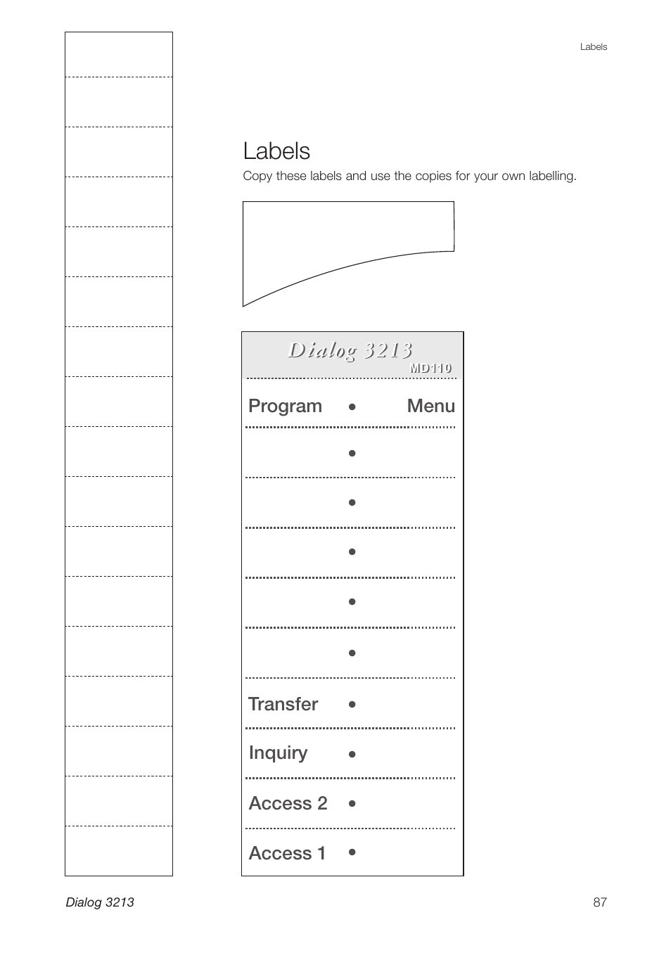 Labels, Dialog 3213 | Ericsson Dialog 3213 User Manual | Page 87 / 92