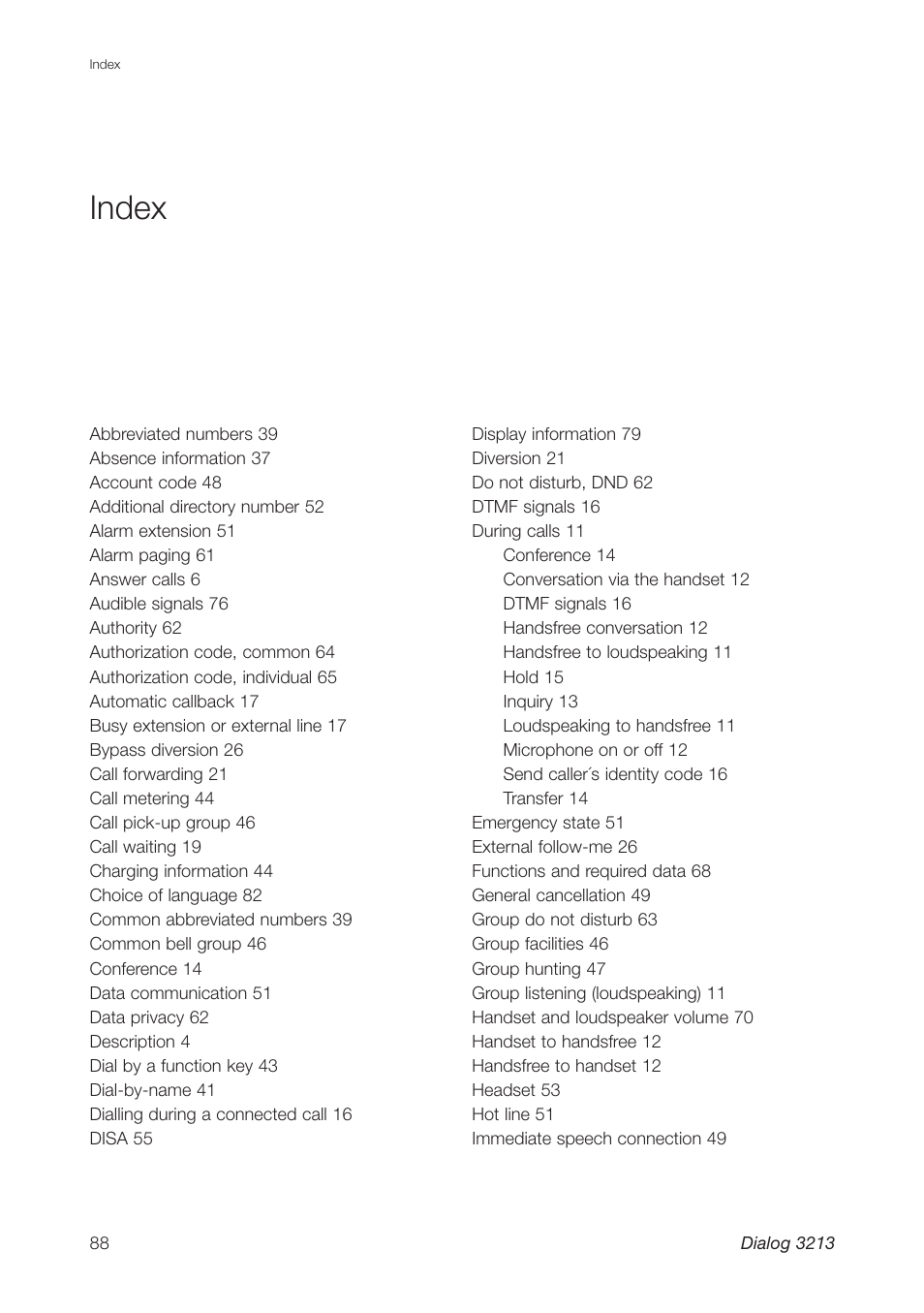 Index | Ericsson Dialog 3213 User Manual | Page 88 / 92