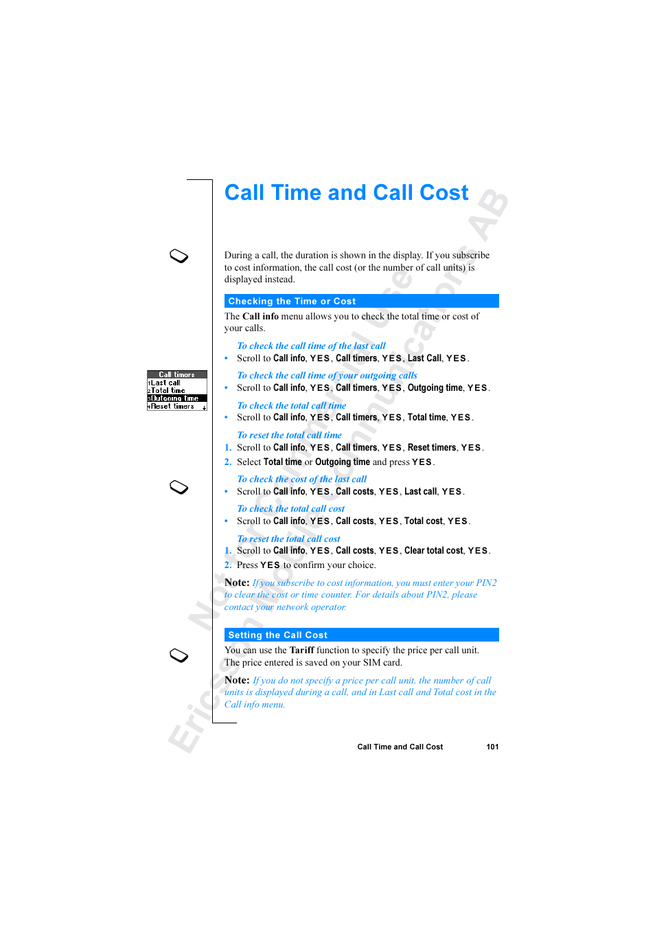 Call time and call cost | Ericsson R520 User Manual | Page 101 / 152