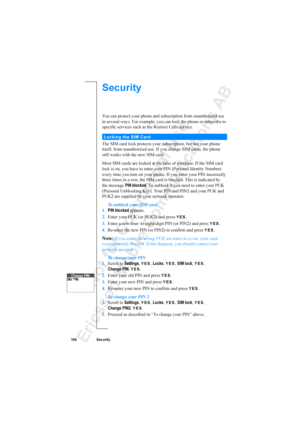 Security | Ericsson R520 User Manual | Page 106 / 152