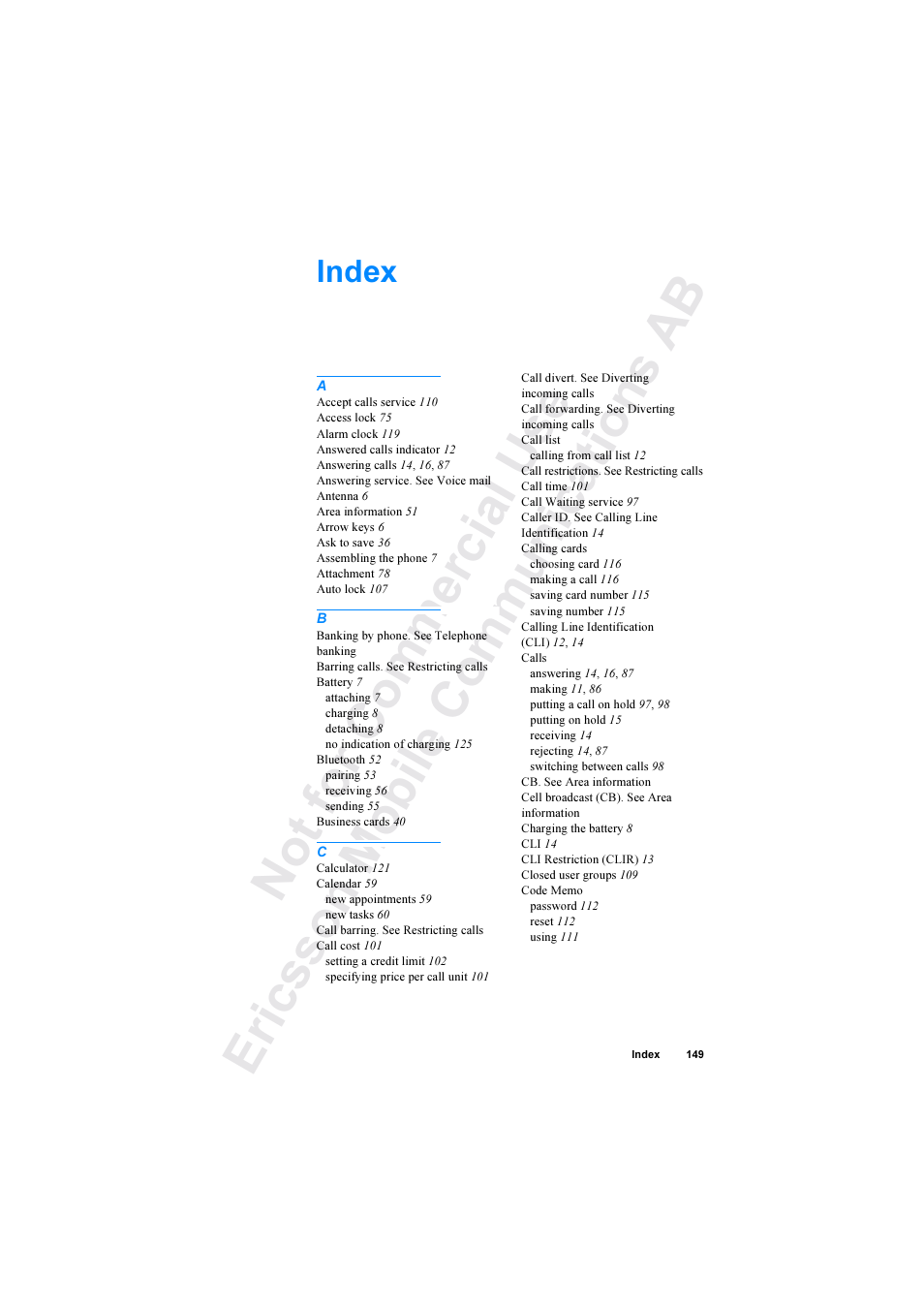 Index | Ericsson R520 User Manual | Page 149 / 152