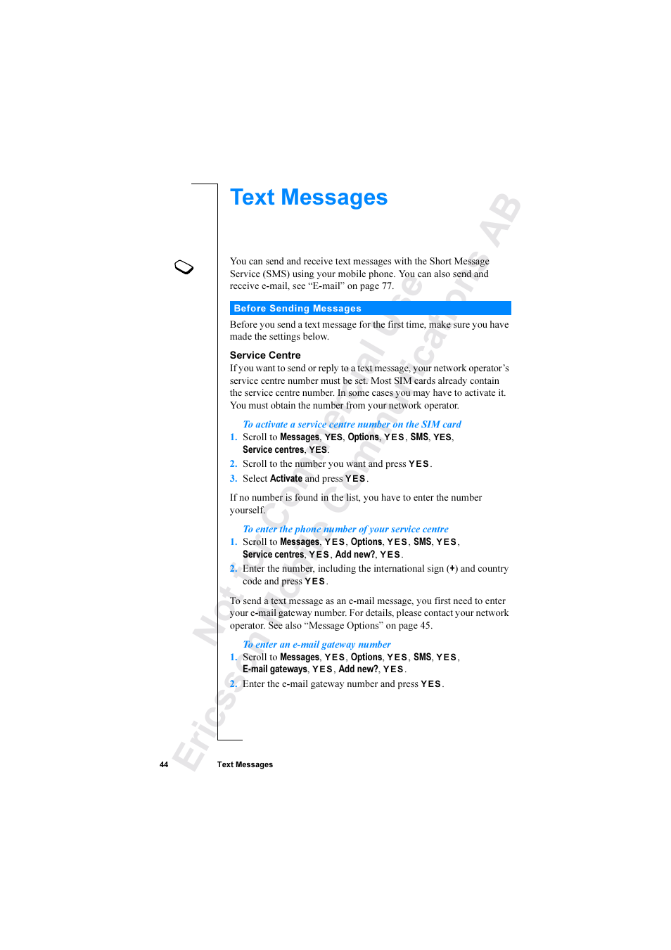 Text messages | Ericsson R520 User Manual | Page 44 / 152