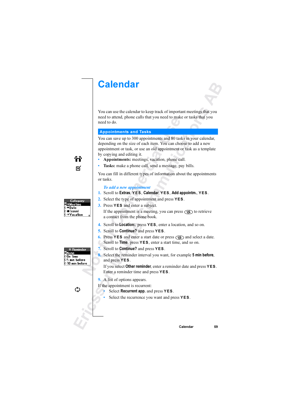 Calendar | Ericsson R520 User Manual | Page 59 / 152