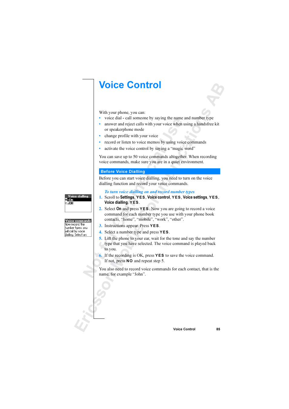 Voice control | Ericsson R520 User Manual | Page 85 / 152