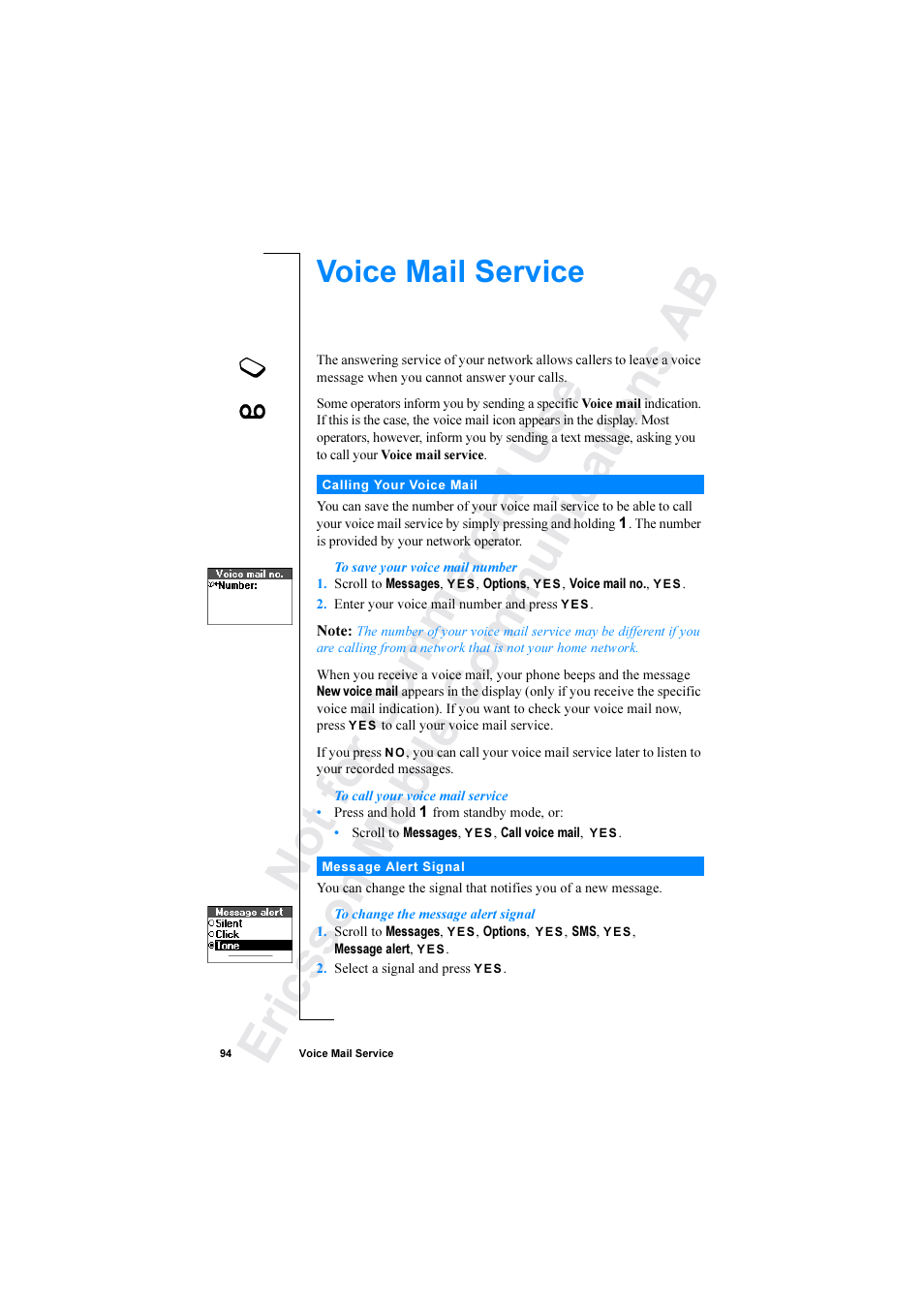 Voice mail service | Ericsson R520 User Manual | Page 94 / 152