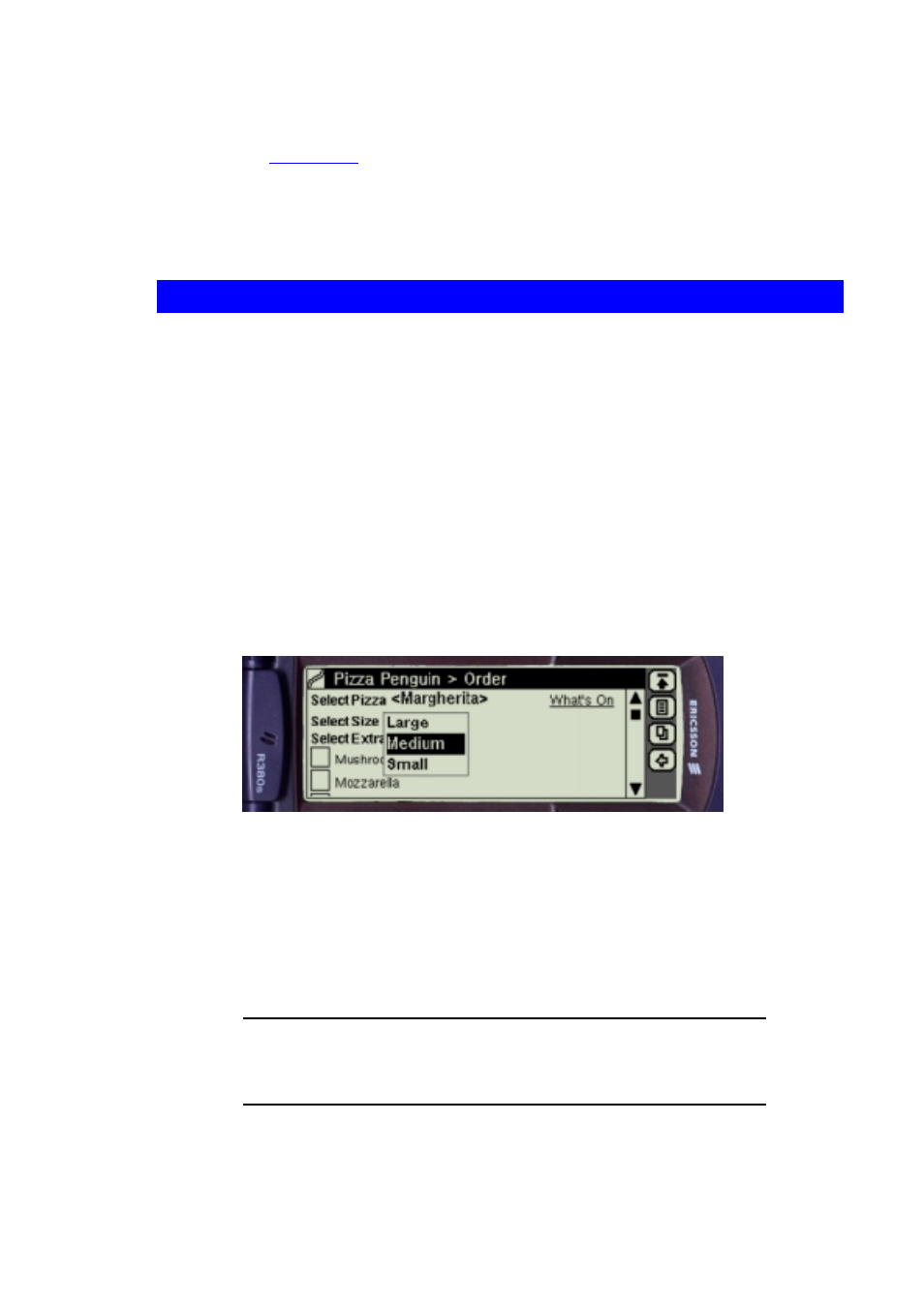 The card title bar, Using select lists, Single choice lists | Ericsson R380 User Manual | Page 13 / 25