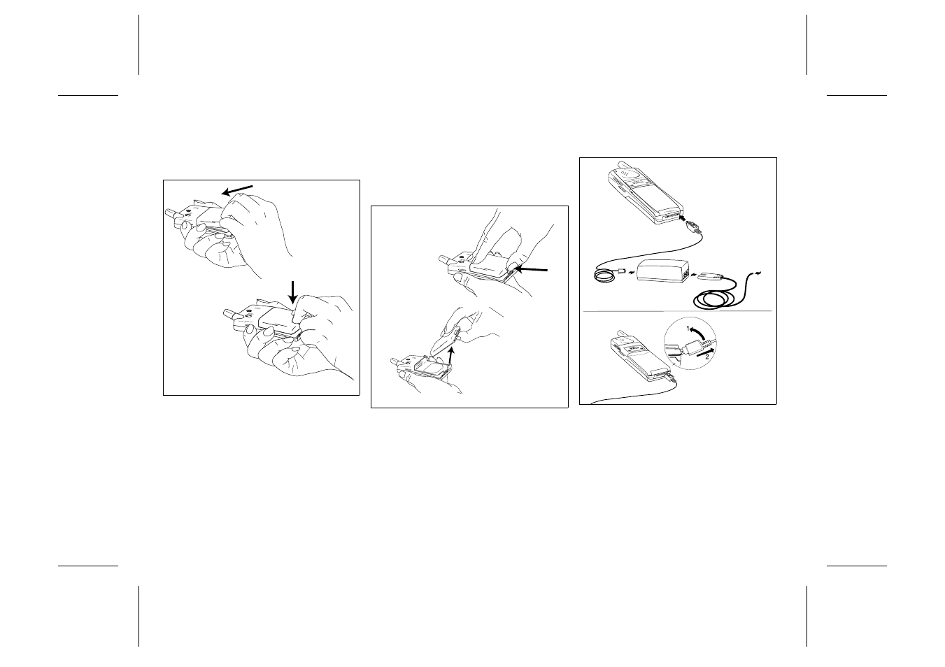 Attaching battery, Connecting charger to phone, Connecting charger to mains | Ericsson GF768 User Manual | Page 8 / 35