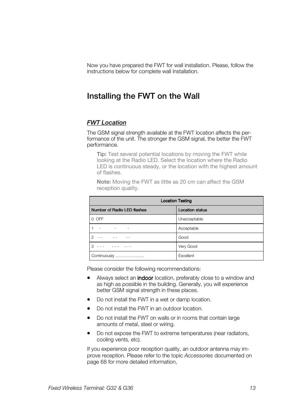 Installing the fwt on the wall, Fwt location | Ericsson G36 User Manual | Page 13 / 84