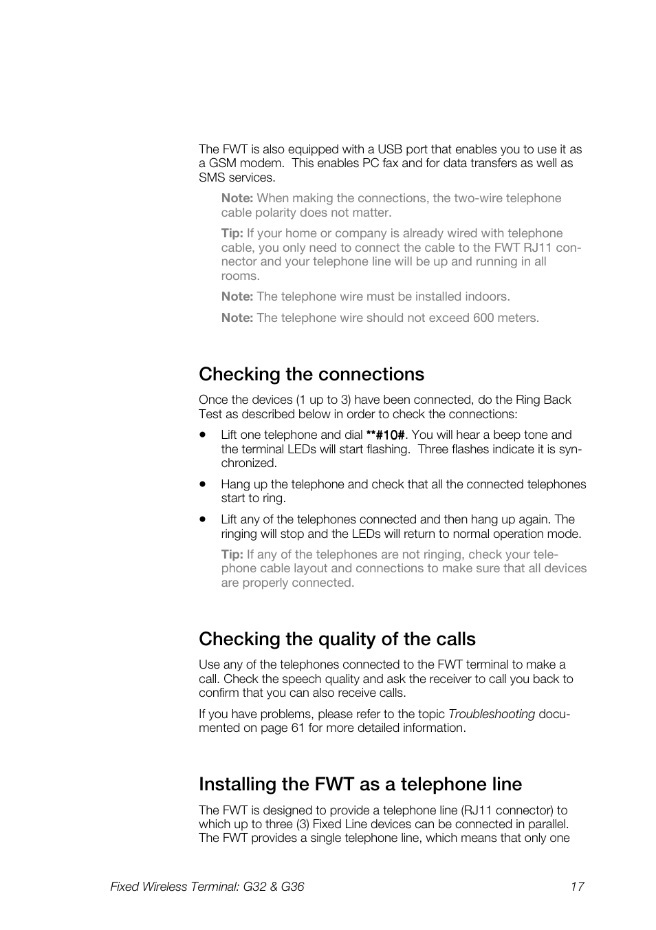 Checking the connections, Checking the quality of the calls, Installing the fwt as a telephone line | Ericsson G36 User Manual | Page 17 / 84