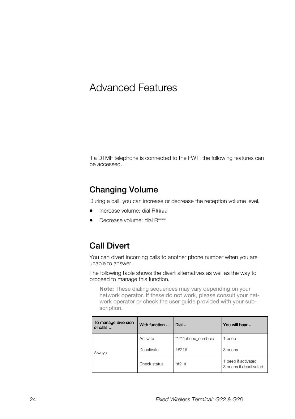 Advanced features, Changing volume, Call divert | Ericsson G36 User Manual | Page 24 / 84