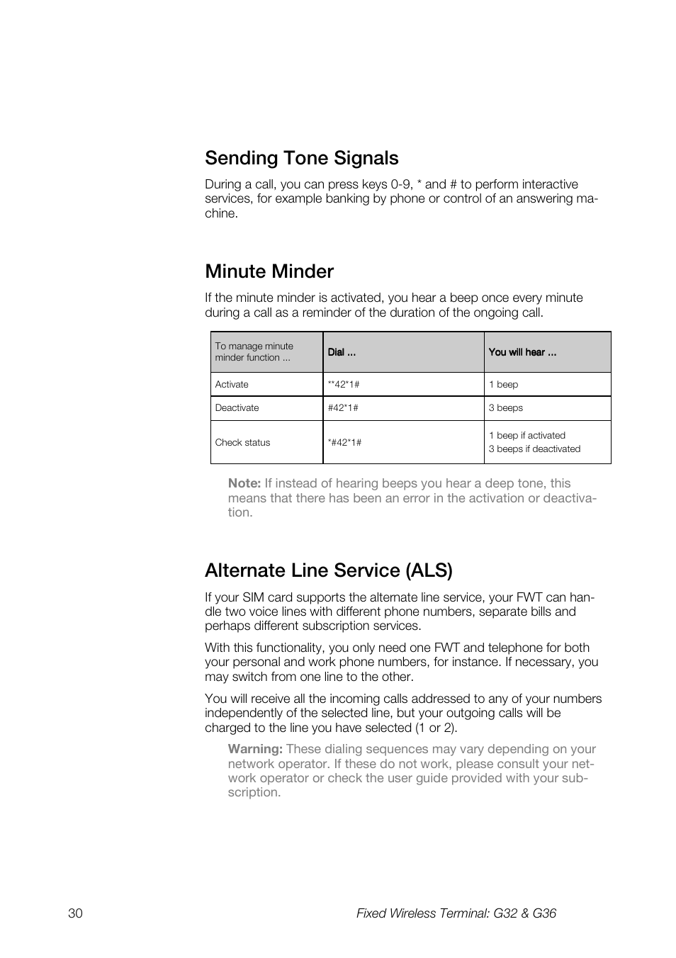 Sending tone signals, Minute minder, Alternate line service (als) | Ericsson G36 User Manual | Page 30 / 84