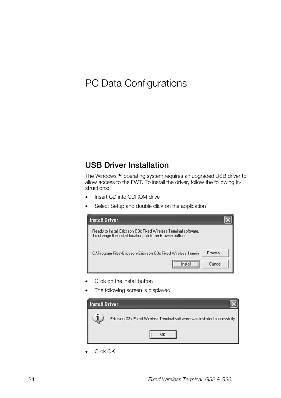 Pc data configurations, Usb driver installation | Ericsson G36 User Manual | Page 34 / 84