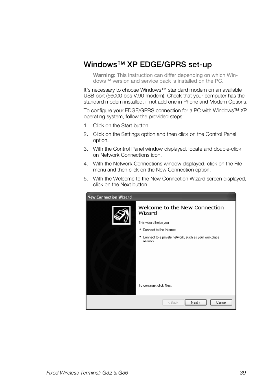 Windows™ xp edge/gprs set-up | Ericsson G36 User Manual | Page 39 / 84