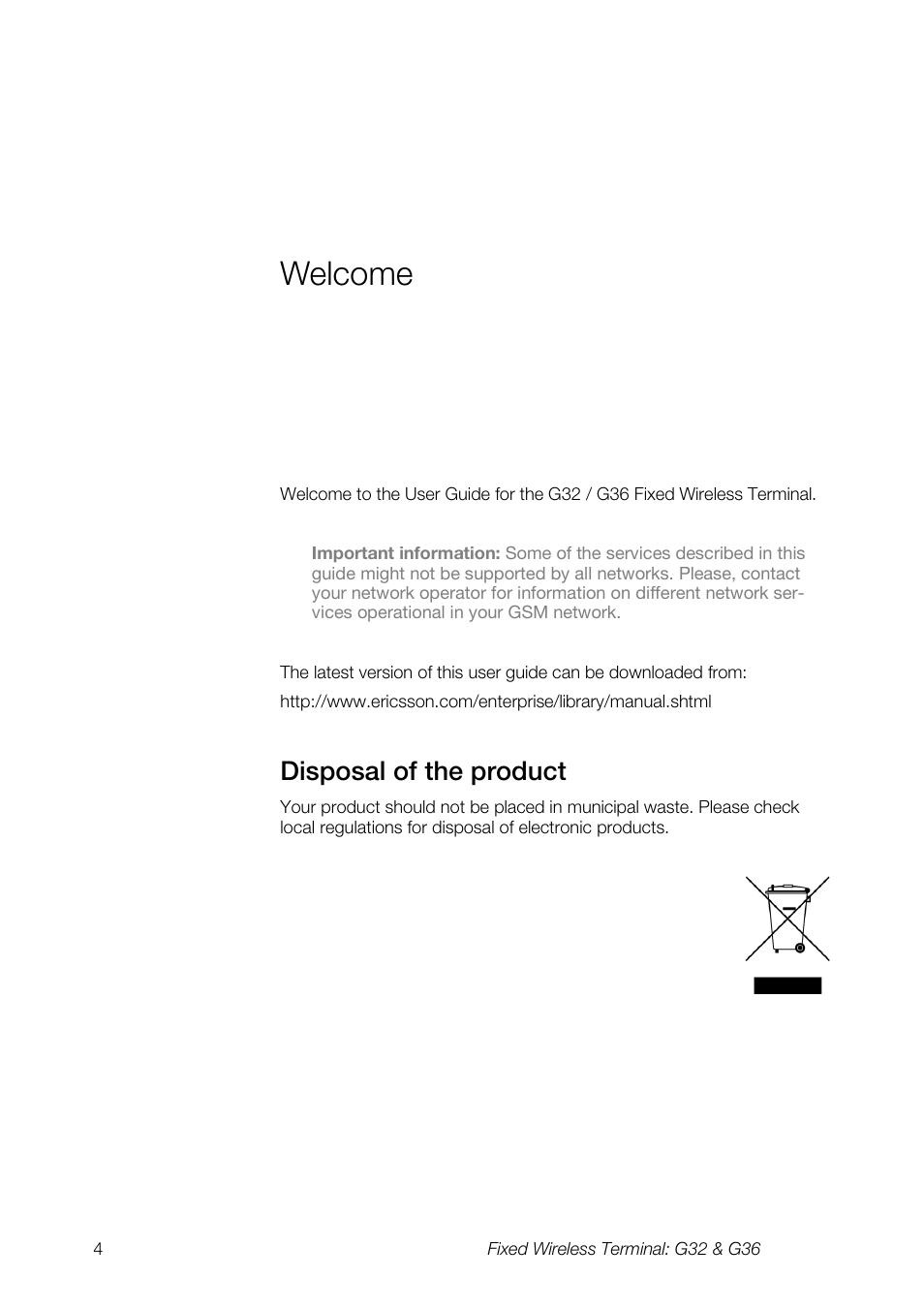 Welcome, Disposal of the product | Ericsson G36 User Manual | Page 4 / 84