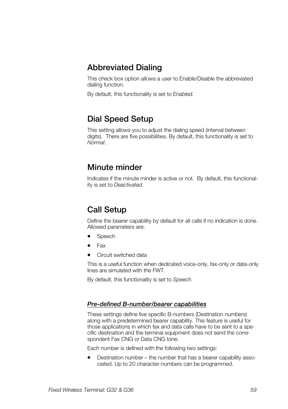 Abbreviated dialing, Dial speed setup, Minute minder | Call setup | Ericsson G36 User Manual | Page 59 / 84