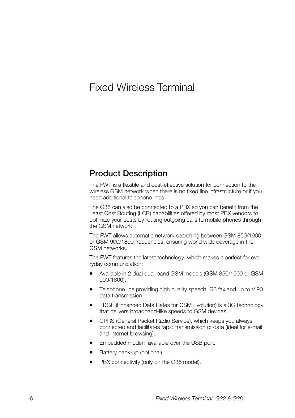 Fixed wireless terminal, Product description | Ericsson G36 User Manual | Page 6 / 84