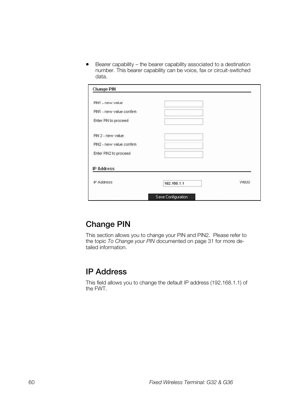 Change pin, Ip address | Ericsson G36 User Manual | Page 60 / 84