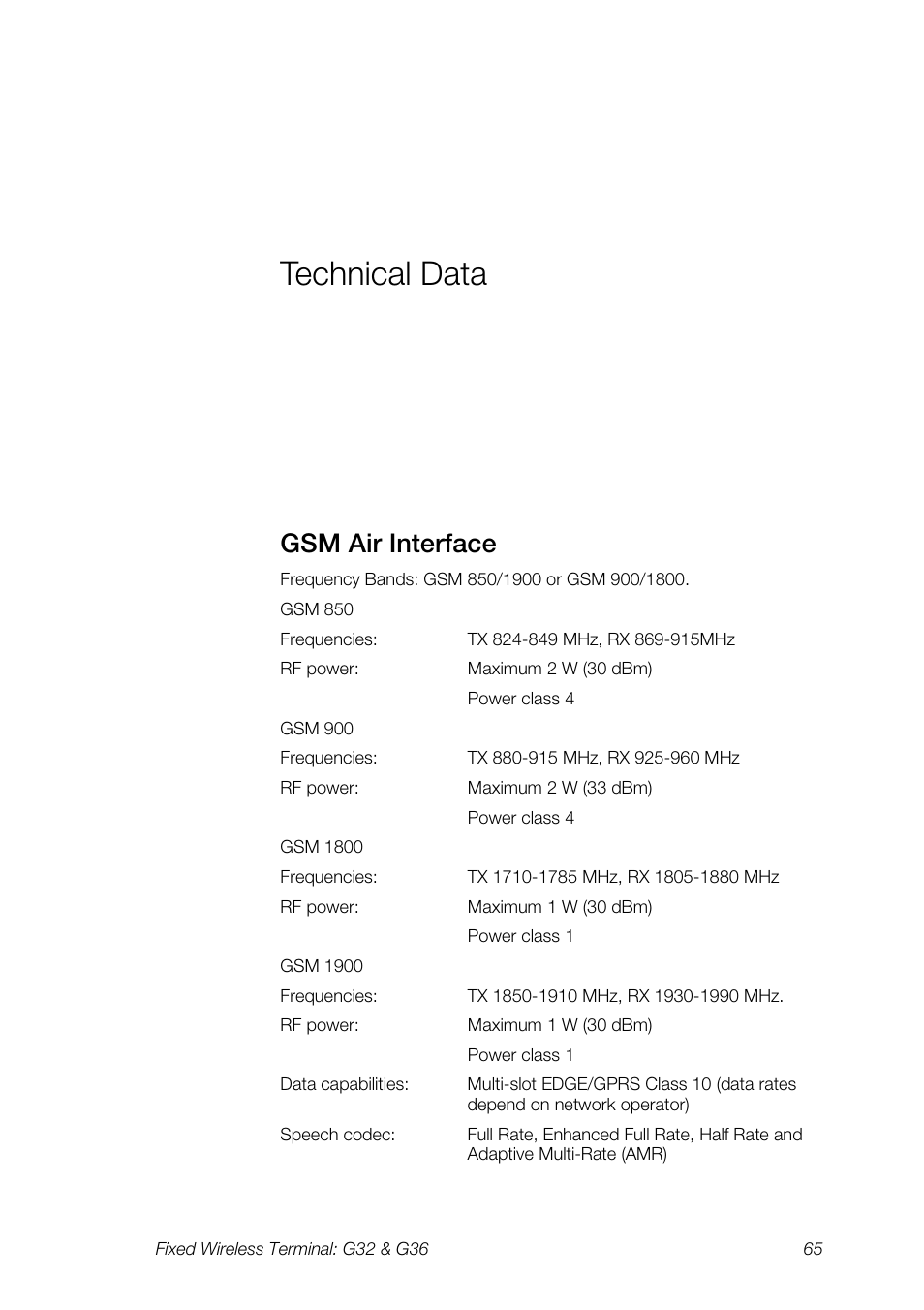 Technical data, Gsm air interface | Ericsson G36 User Manual | Page 65 / 84