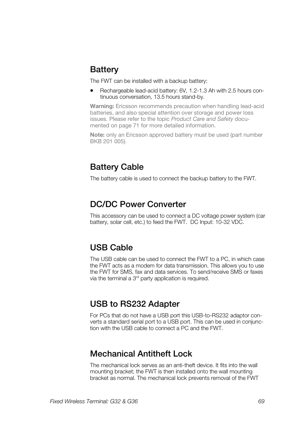 Battery, Battery cable, Dc/dc power converter | Usb cable, Usb to rs232 adapter, Mechanical antitheft lock | Ericsson G36 User Manual | Page 69 / 84