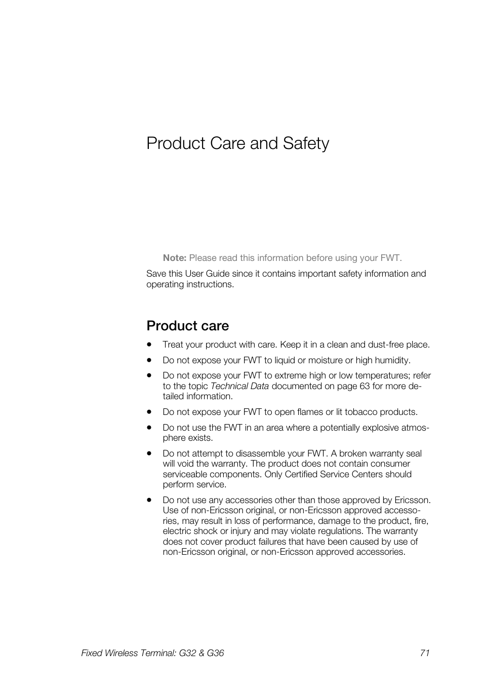 Product care and safety, Product care | Ericsson G36 User Manual | Page 71 / 84