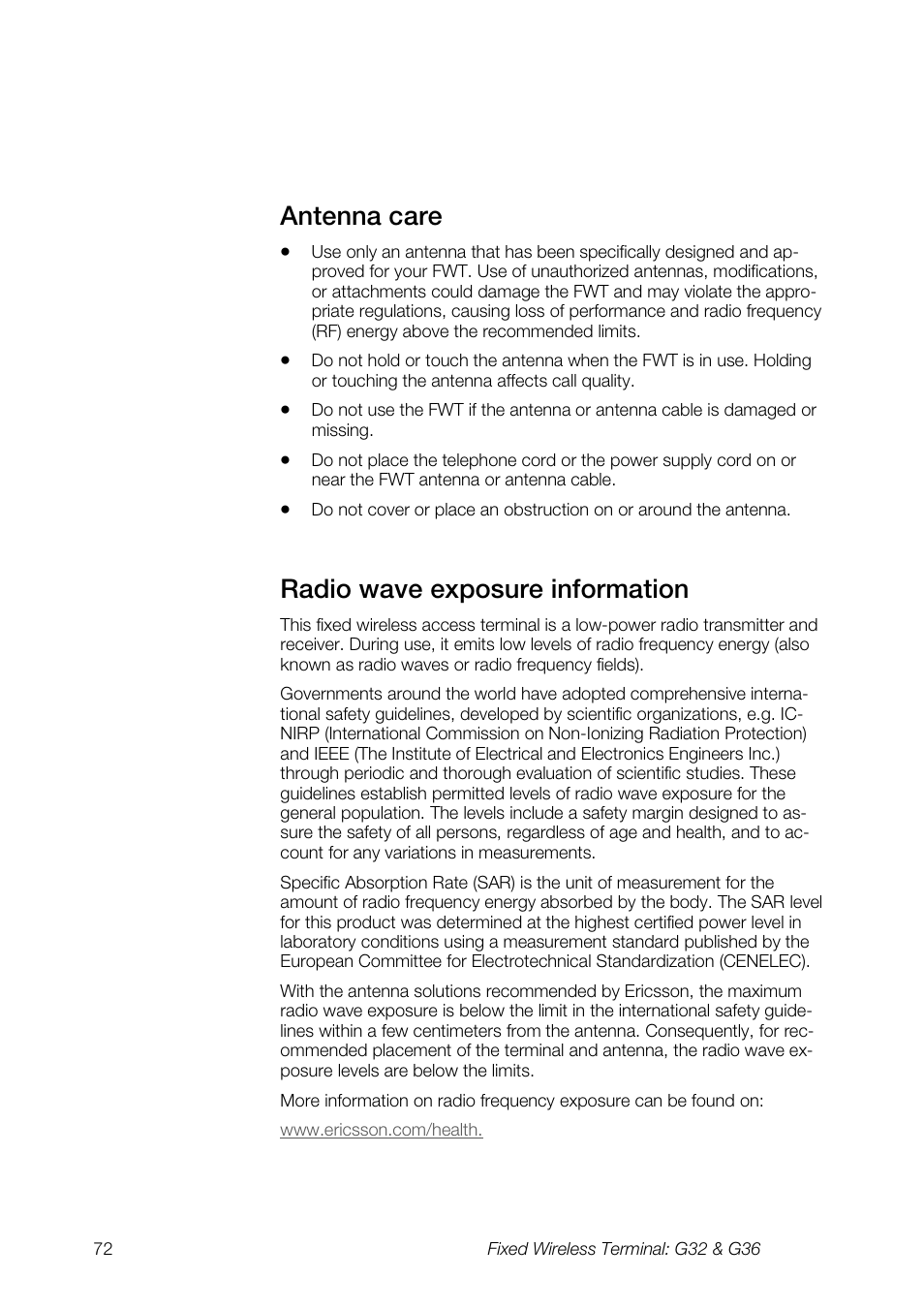 Antenna care, Radio wave exposure information | Ericsson G36 User Manual | Page 72 / 84