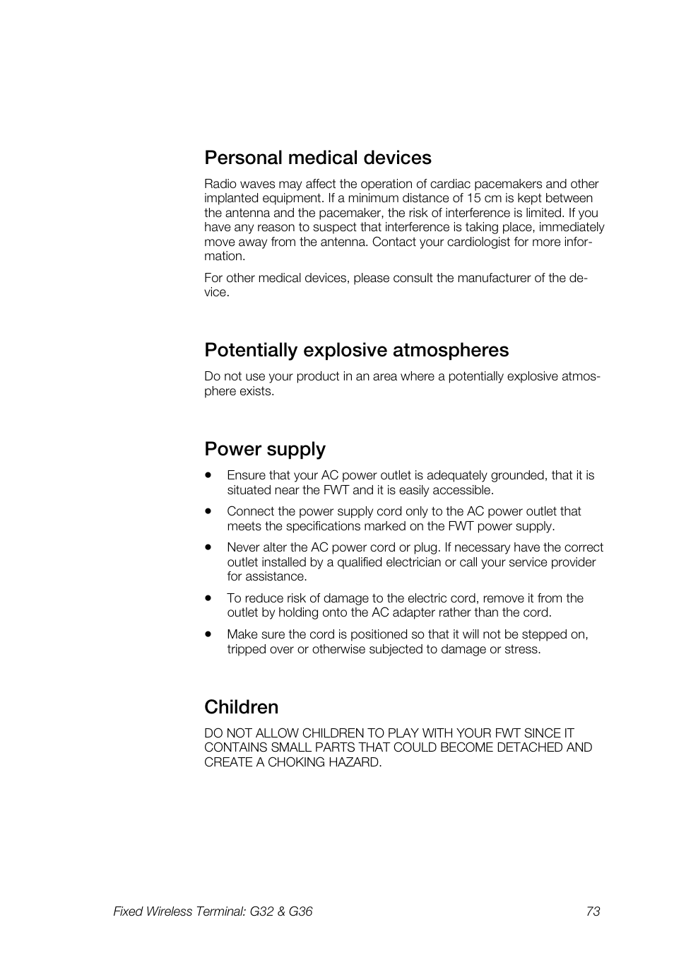 Personal medical devices, Potentially explosive atmospheres, Power supply | Children | Ericsson G36 User Manual | Page 73 / 84