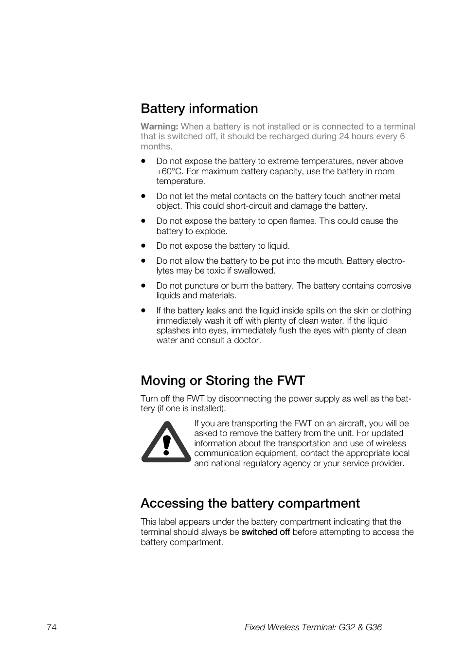 Battery information, Moving or storing the fwt, Accessing the battery compartment | Ericsson G36 User Manual | Page 74 / 84