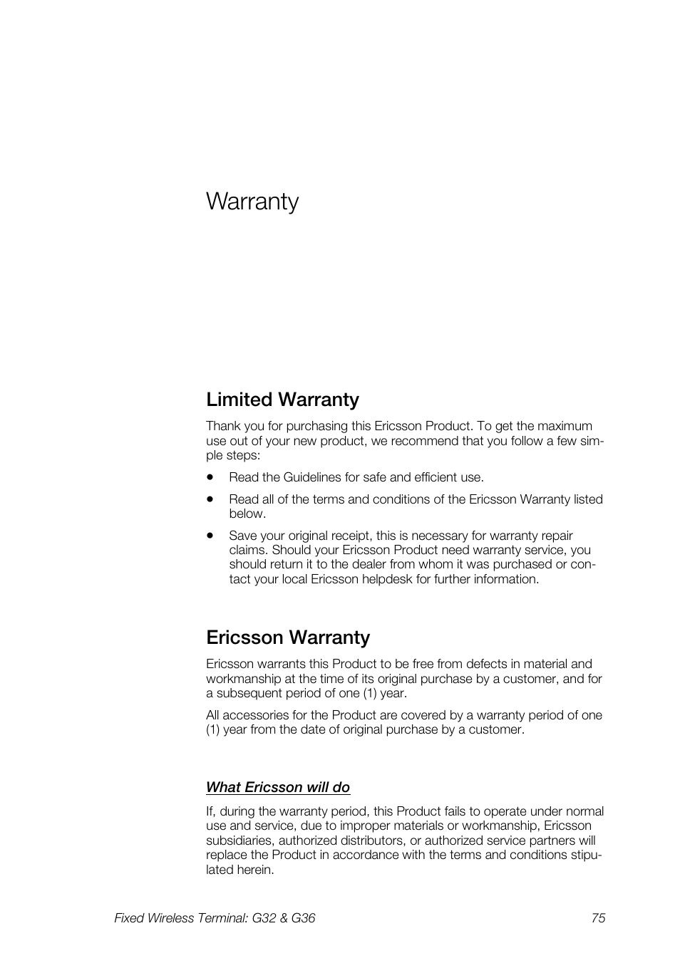 Warranty, Limited warranty, Ericsson warranty | Ericsson G36 User Manual | Page 75 / 84