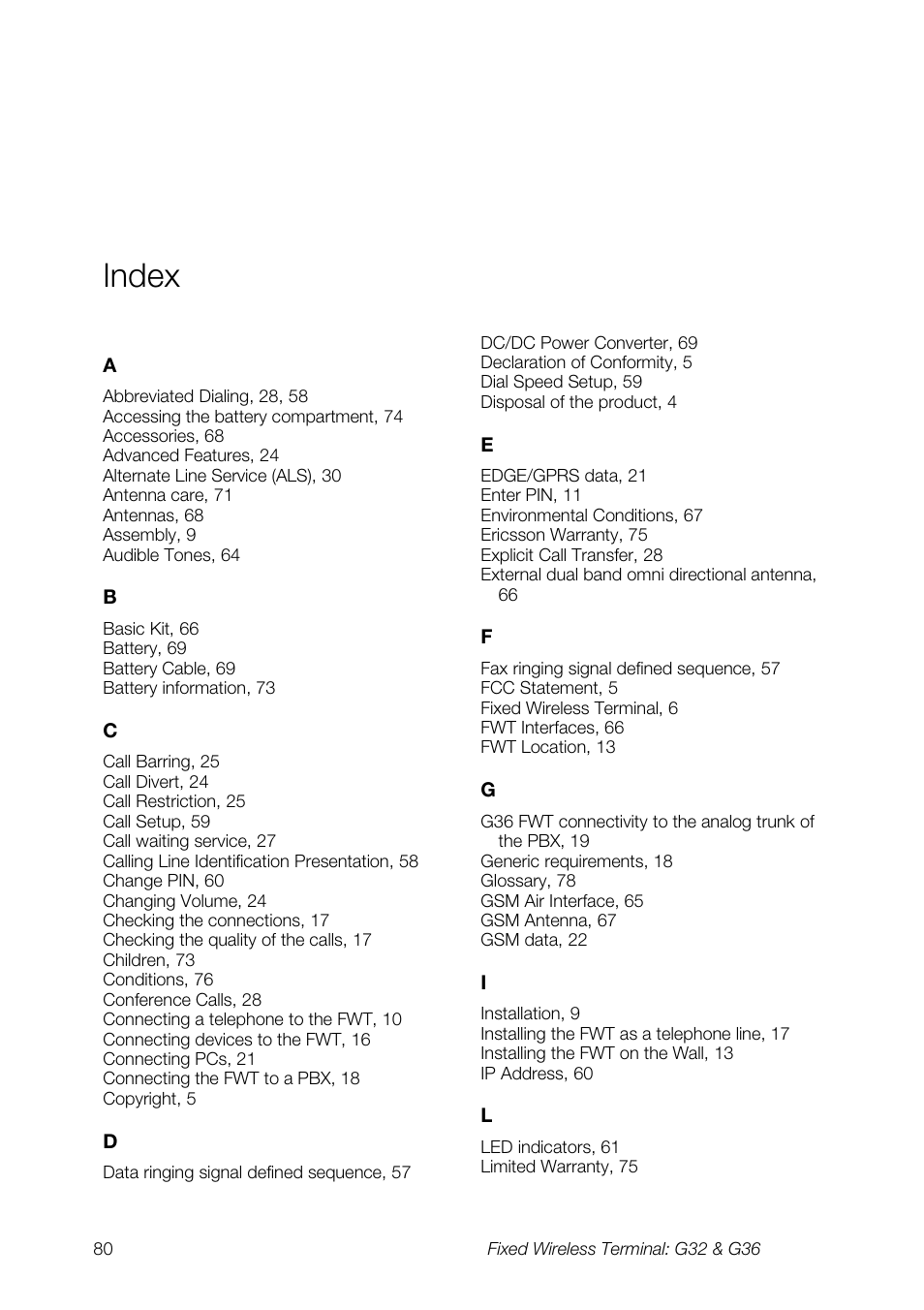 Index | Ericsson G36 User Manual | Page 80 / 84