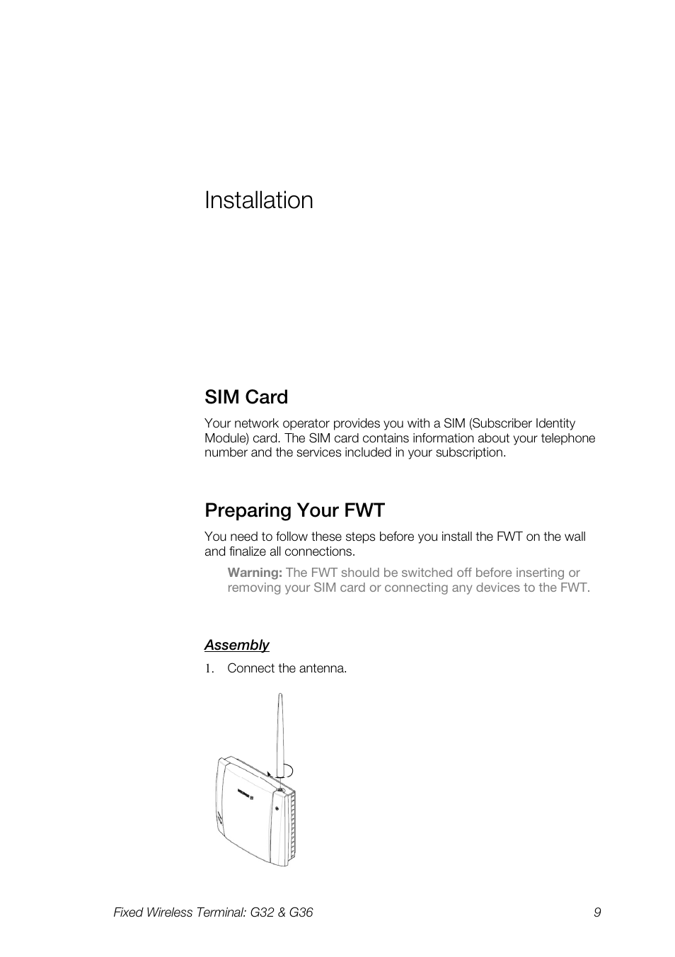 Installation, Sim card, Preparing your fwt | Ericsson G36 User Manual | Page 9 / 84