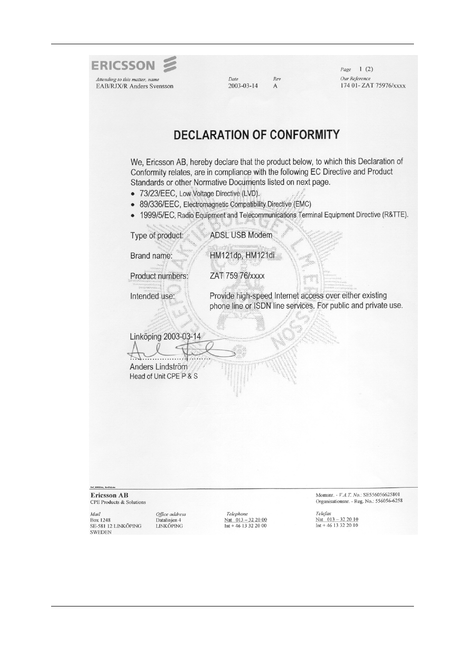 Important information | Ericsson HM121dp User Manual | Page 38 / 47