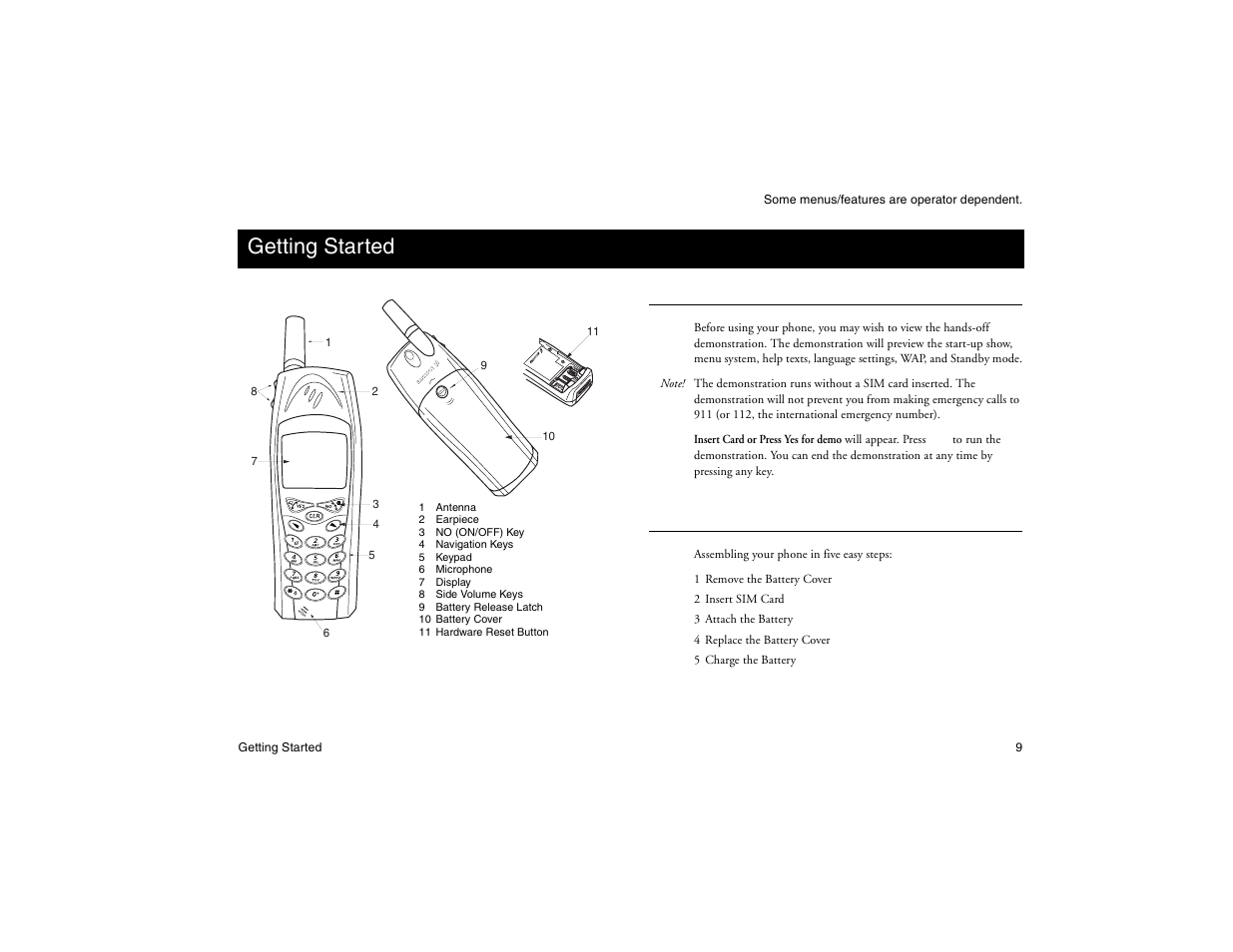 Not for commercial use - ericsson inc, Getting started, Demonstration | Assembling your phone | Ericsson R300Z User Manual | Page 16 / 88