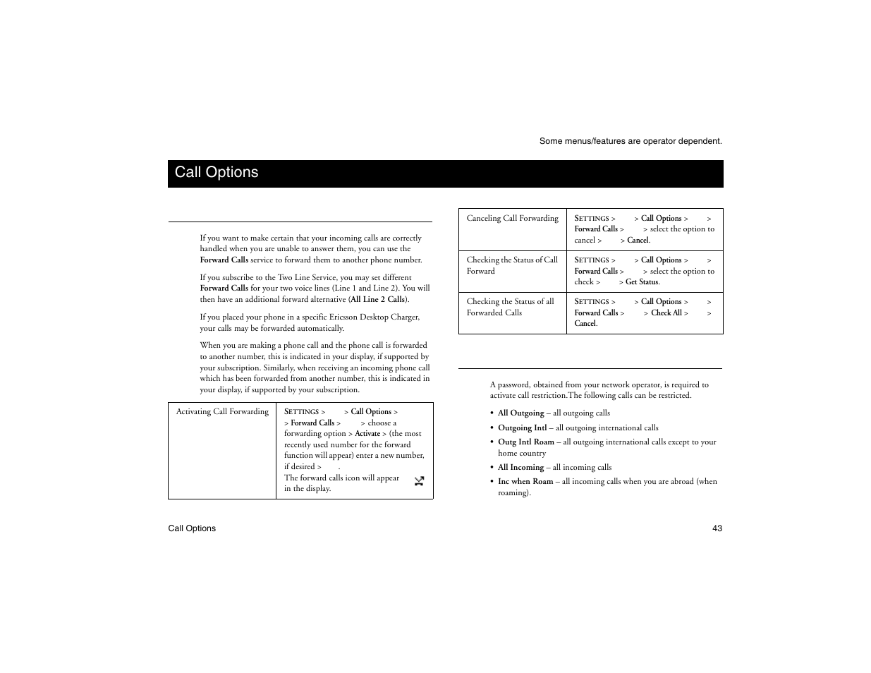 Not for commercial use - ericsson inc, Call options, Call forwarding | Restrict calls | Ericsson R300Z User Manual | Page 50 / 88