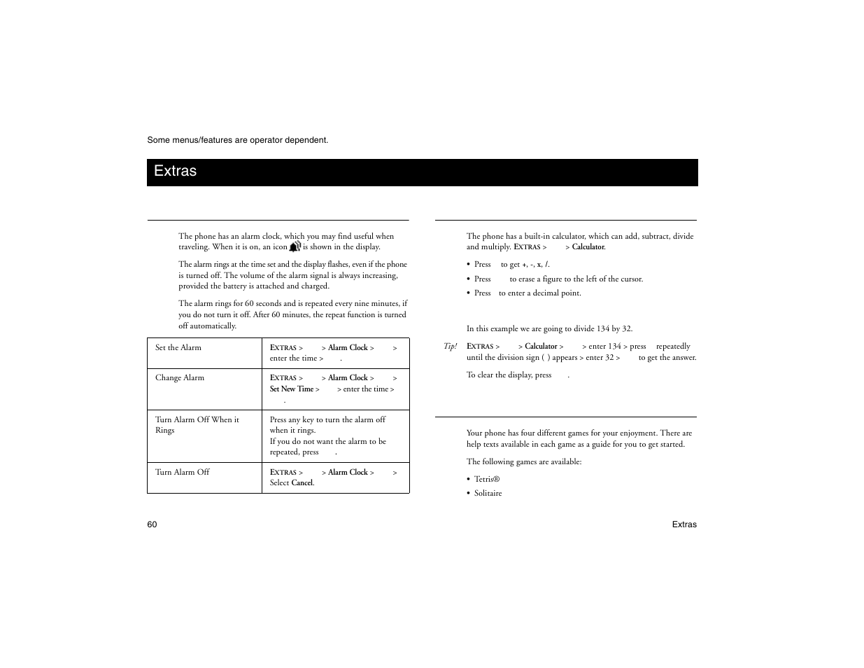 Not for commercial use - ericsson inc, Extras, Alarm clock | Calculator, Games | Ericsson R300Z User Manual | Page 67 / 88