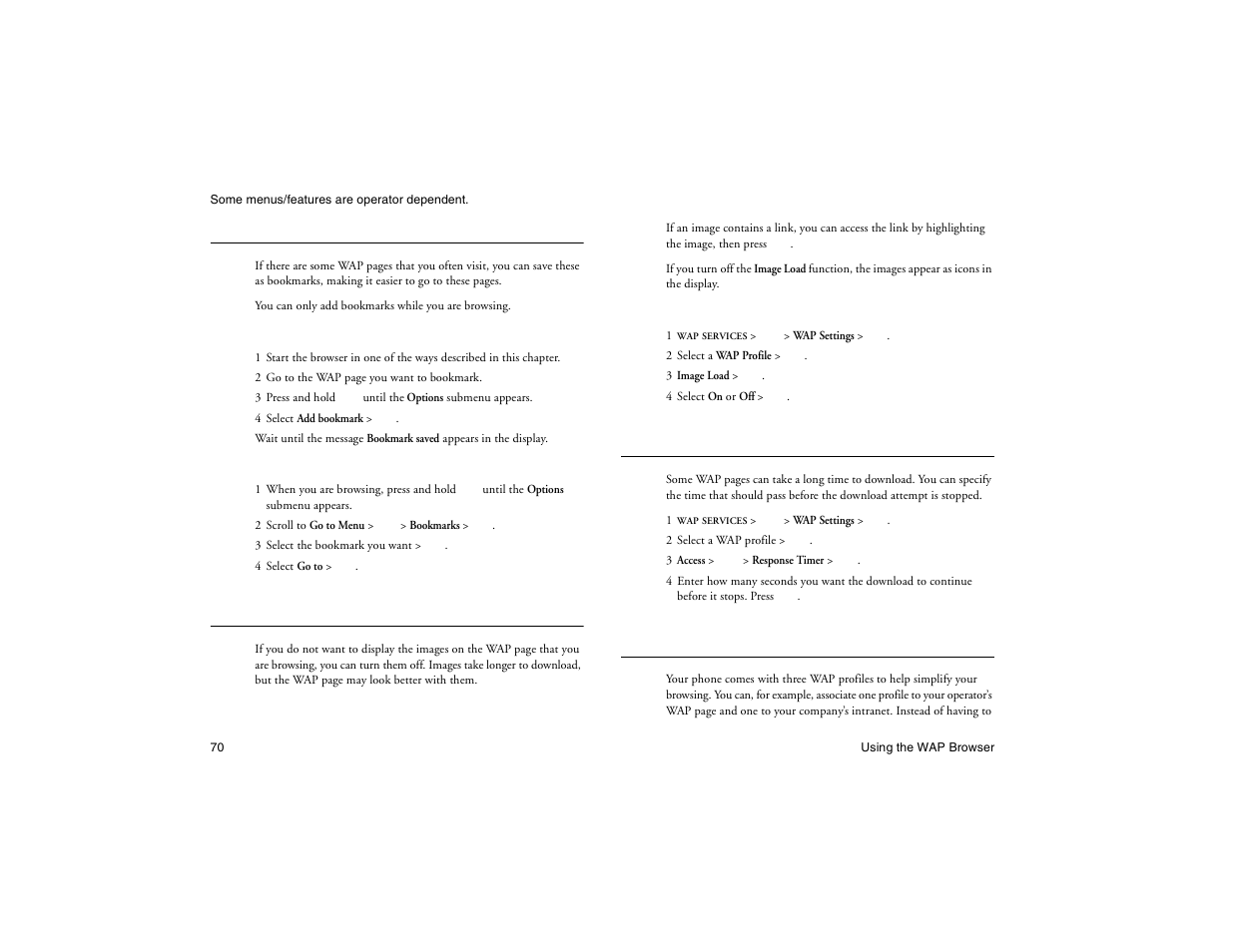 Not for commercial use - ericsson inc, Bookmarks, Images | Download timeout, Using wap profiles | Ericsson R300Z User Manual | Page 77 / 88