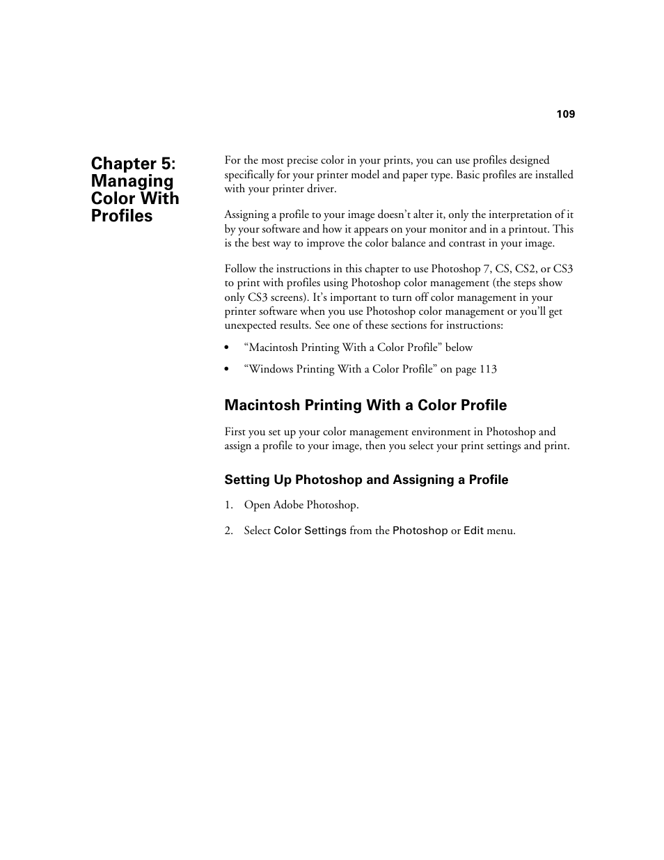 Chap 5-managing color with profiles, Macintosh printing with a color profile, Setting up photoshop and assigning a profile | 5 managing color with profiles, Chapter 5: managing color with profiles | Ericsson STYLUS PRO 4900 User Manual | Page 107 / 174