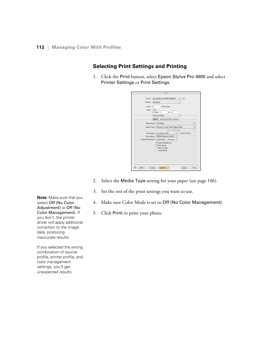 Selecting print settings and printing | Ericsson STYLUS PRO 4900 User Manual | Page 110 / 174