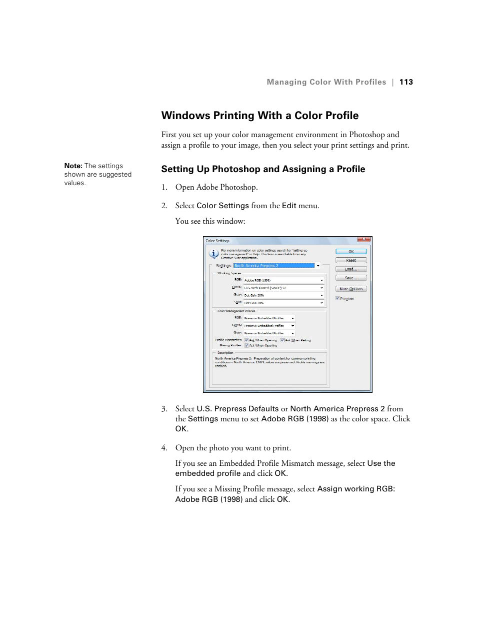 Windows printing with a color profile, Setting up photoshop and assigning a profile | Ericsson STYLUS PRO 4900 User Manual | Page 111 / 174