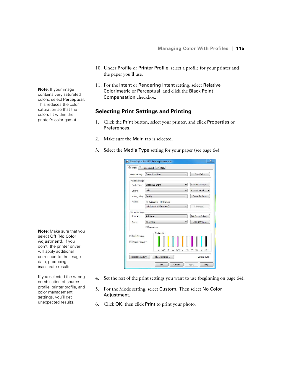 Selecting print settings and printing | Ericsson STYLUS PRO 4900 User Manual | Page 113 / 174